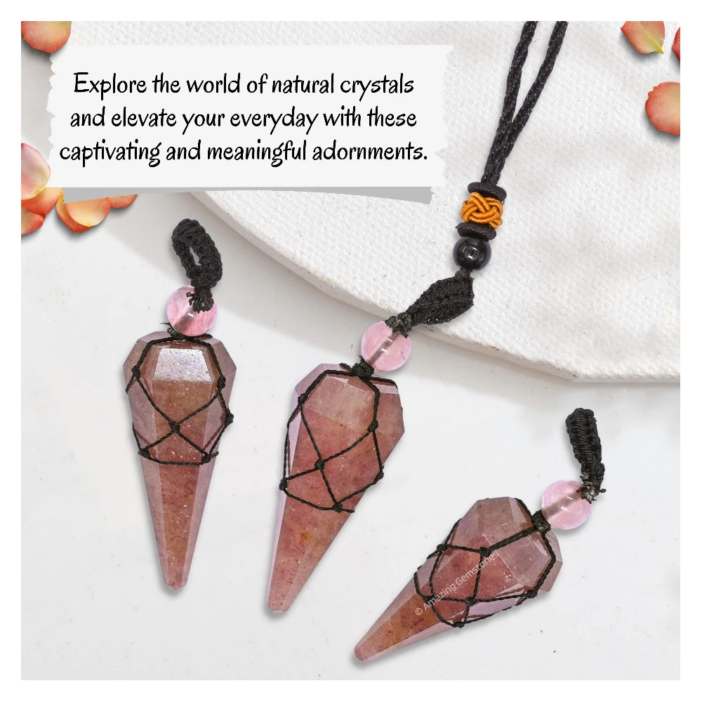 Strawberry Quartz Pendulum Pendant Necklace (Macrame)