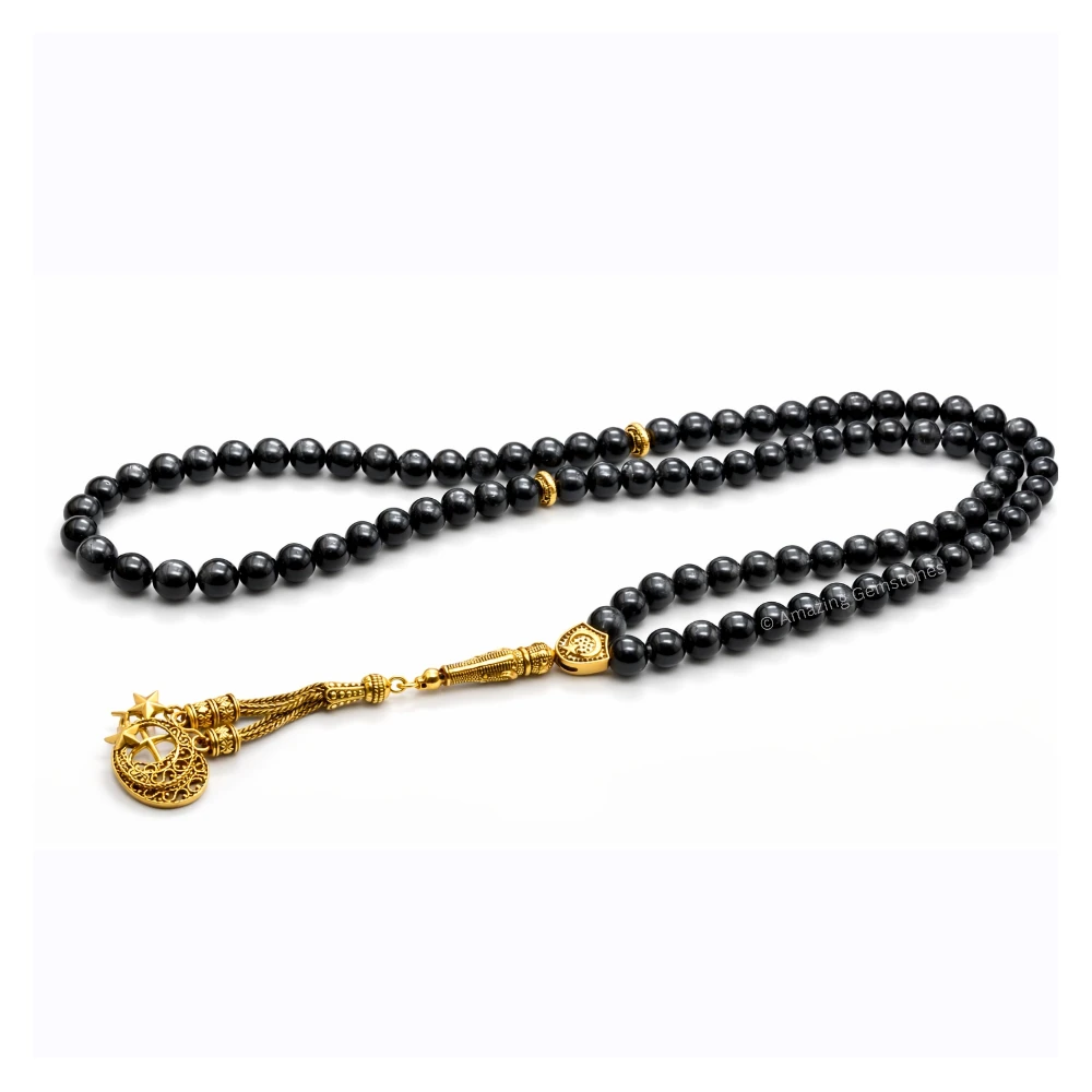 Silver Sheen Obsidian Crystal Tasbeeh Sibha Prayer Beads (Gold)