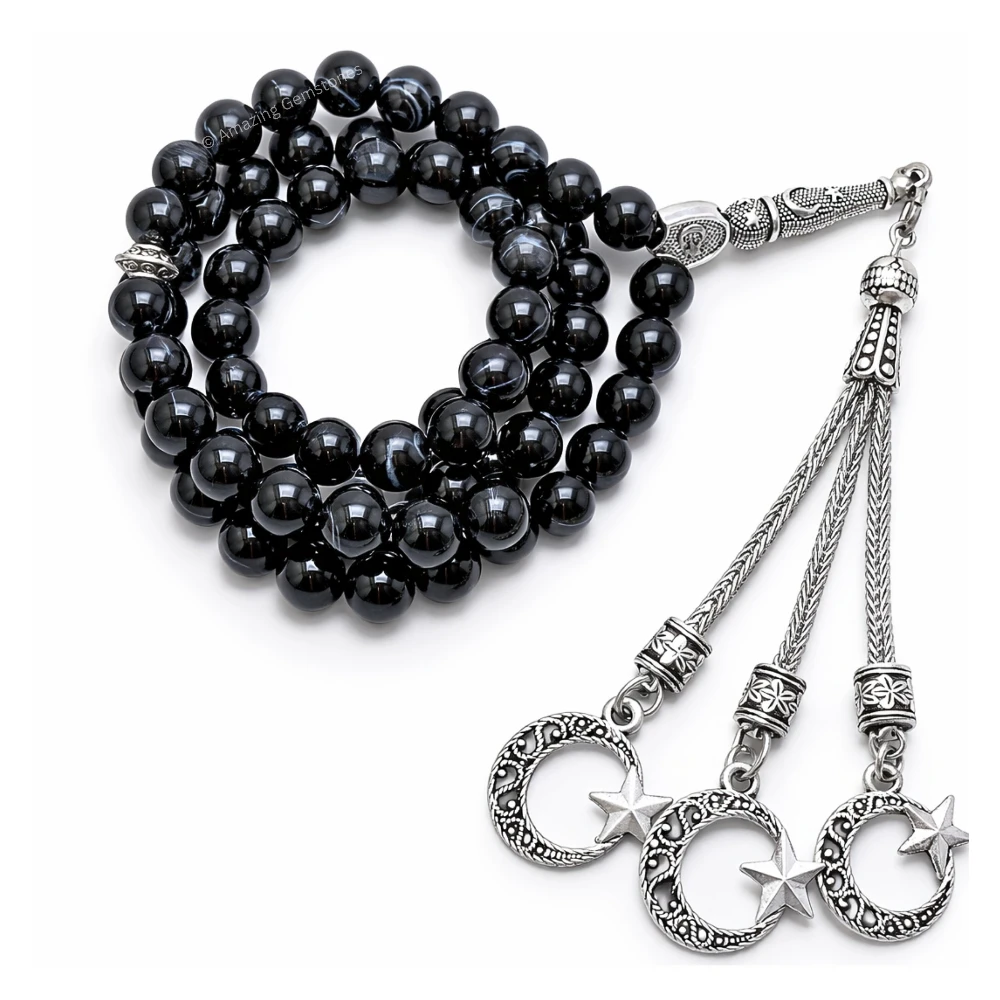 Black Banded Agate Crystal Tasbeeh Sibha Prayer Beads (Silver)
