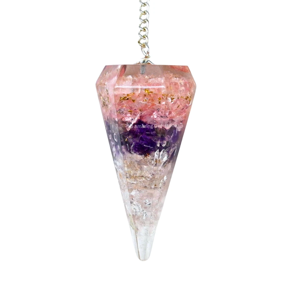 Rose Quartz Amethyst Clear Quartz Orgone Pendulum (Layered)