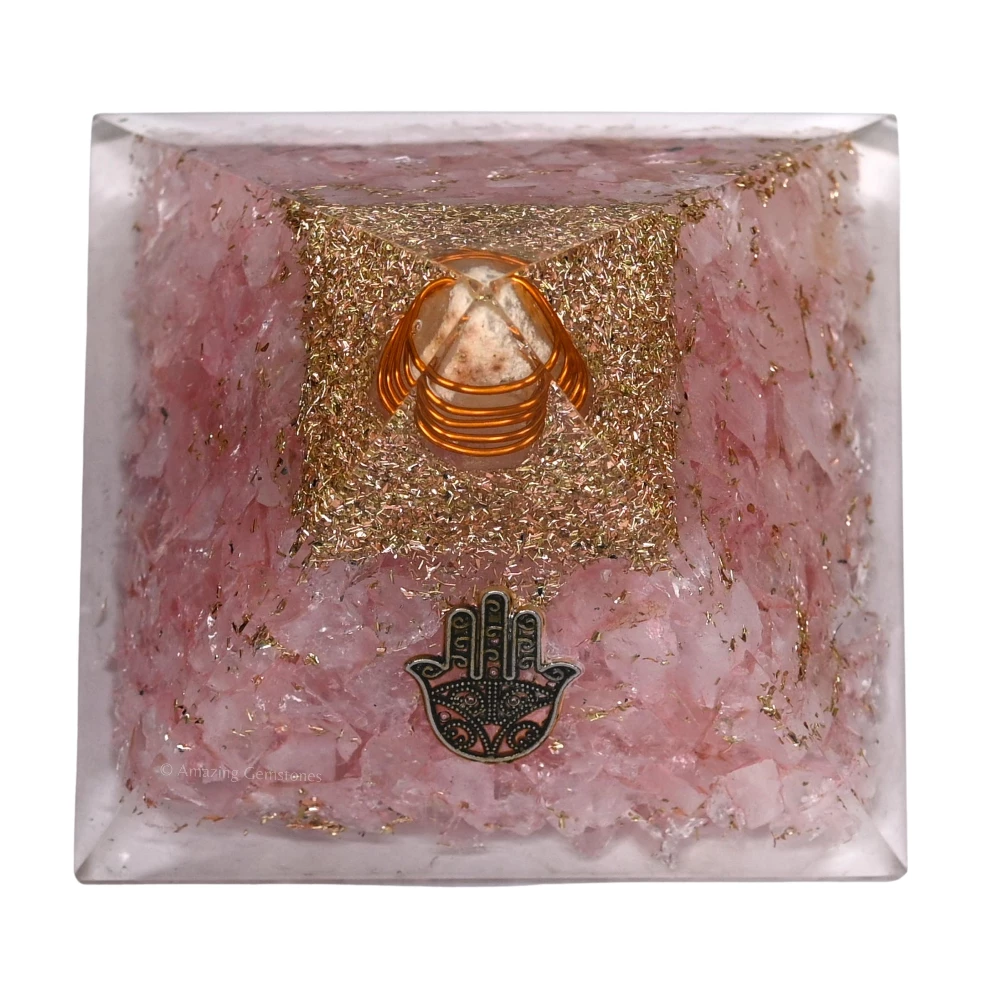 Rose Quartz Orgone Pyramid - Hamsa