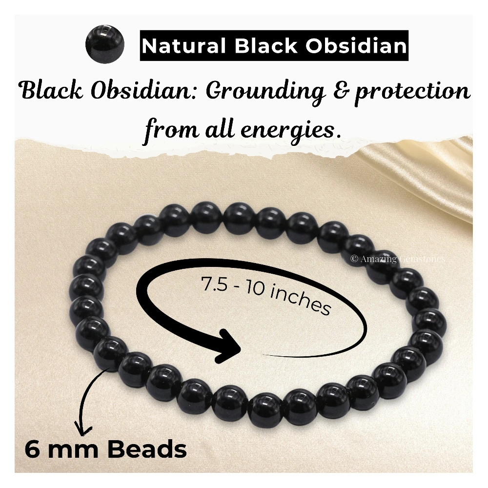 Black Obsidian Healing Crystal Bracelets - 6mm Beads