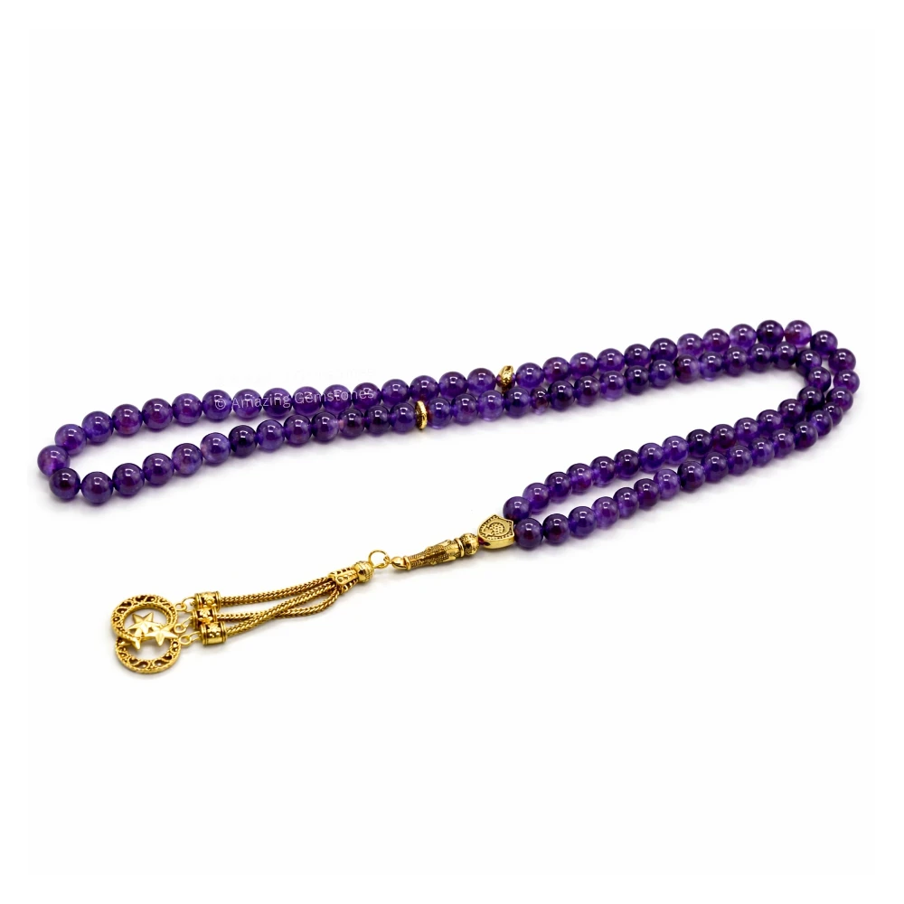 Amethyst Crystal Tasbeeh Sibha Prayer Beads (Gold)
