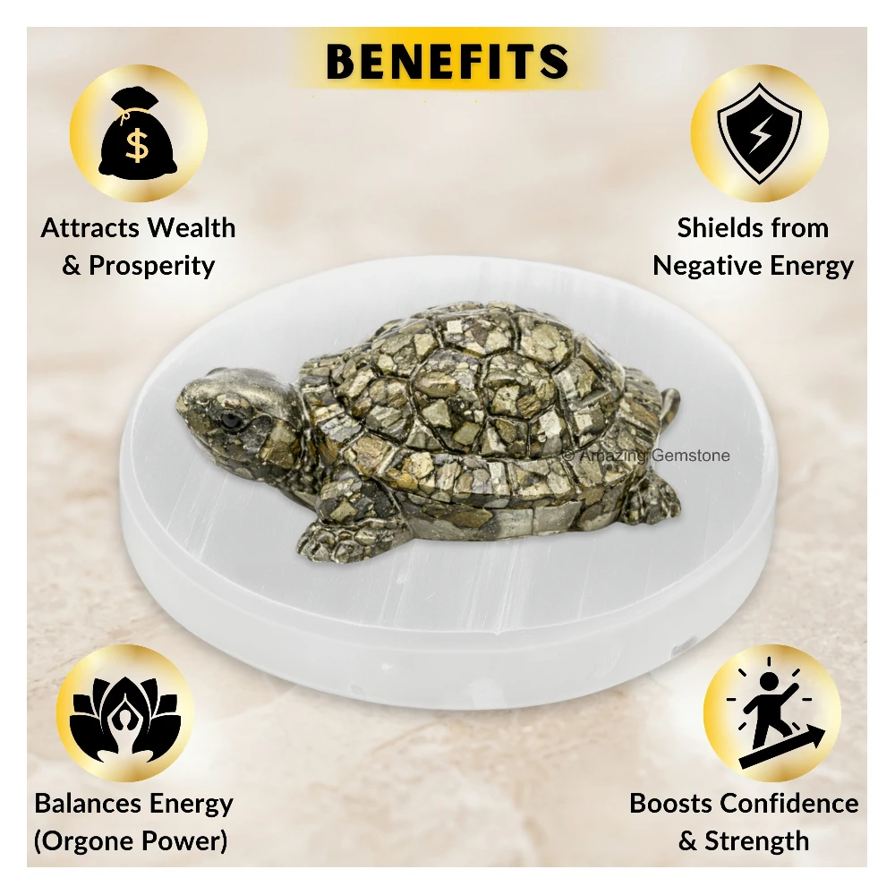 Pyrite Tortoise Figurine (with Selenite Plate)