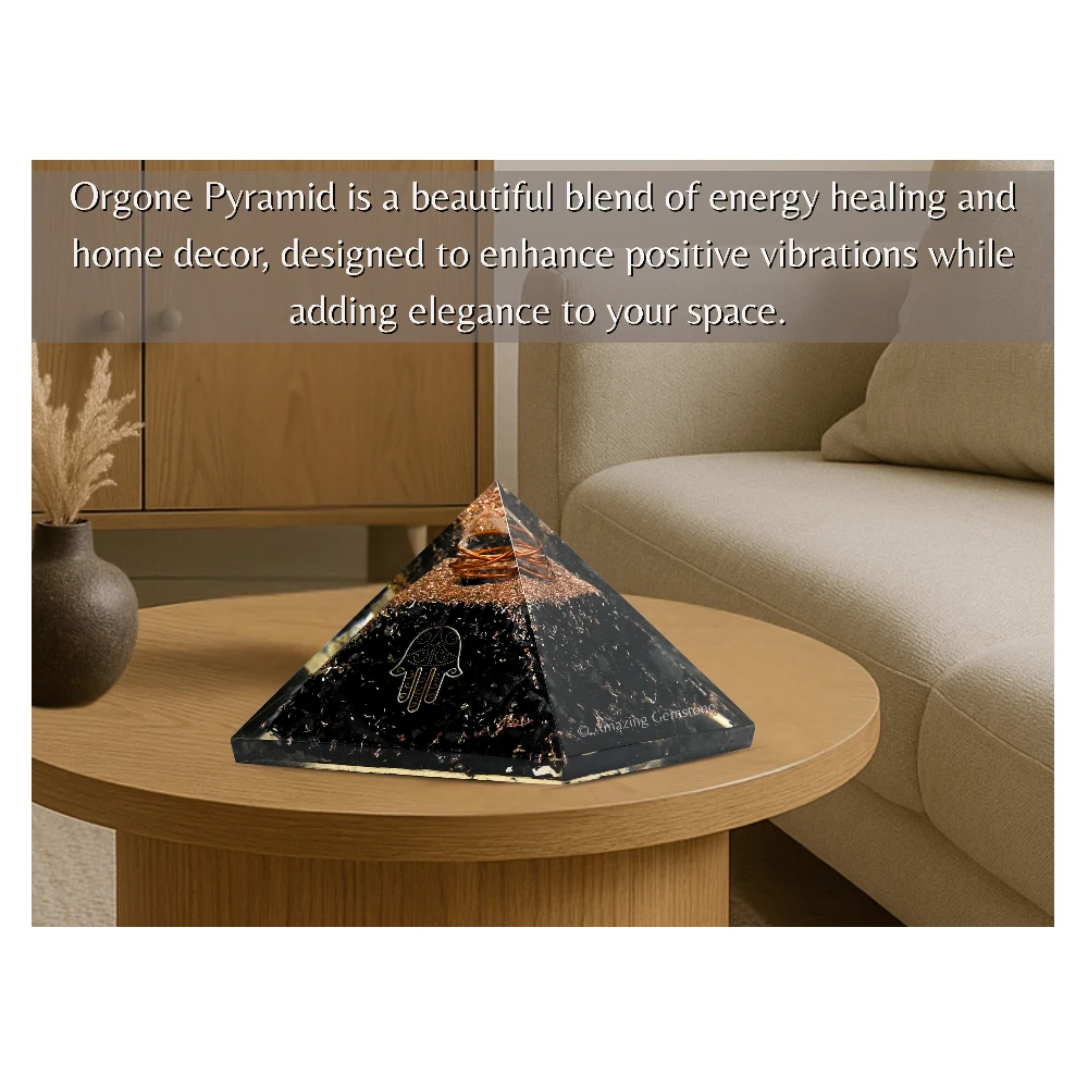 Black Tourmaline Orgone Pyramid - Hamsa