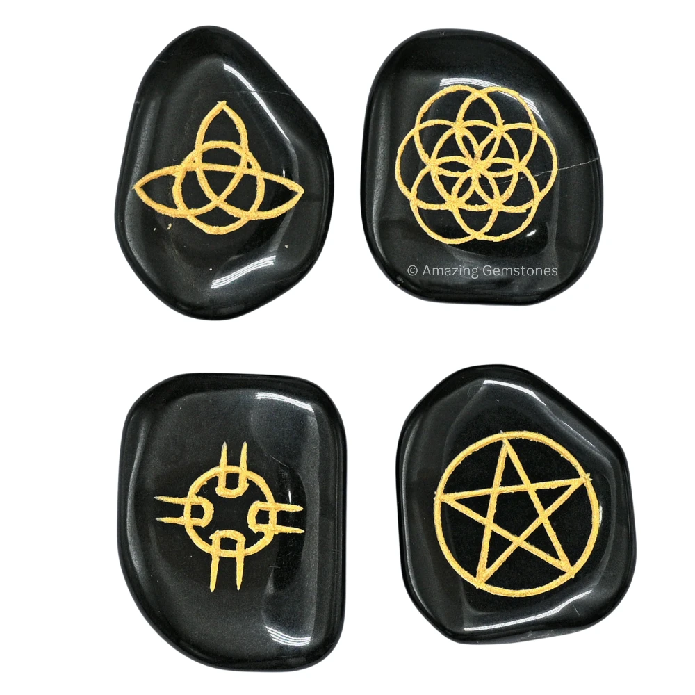 Black Agate Wiccan Engraved Stones (Set of 4)