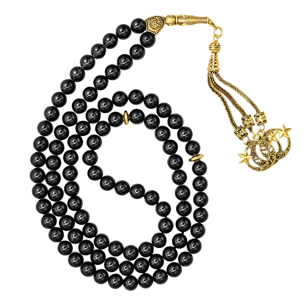 Black Tourmaline Crystal Tasbeeh Sibha Prayer Beads (Gold)