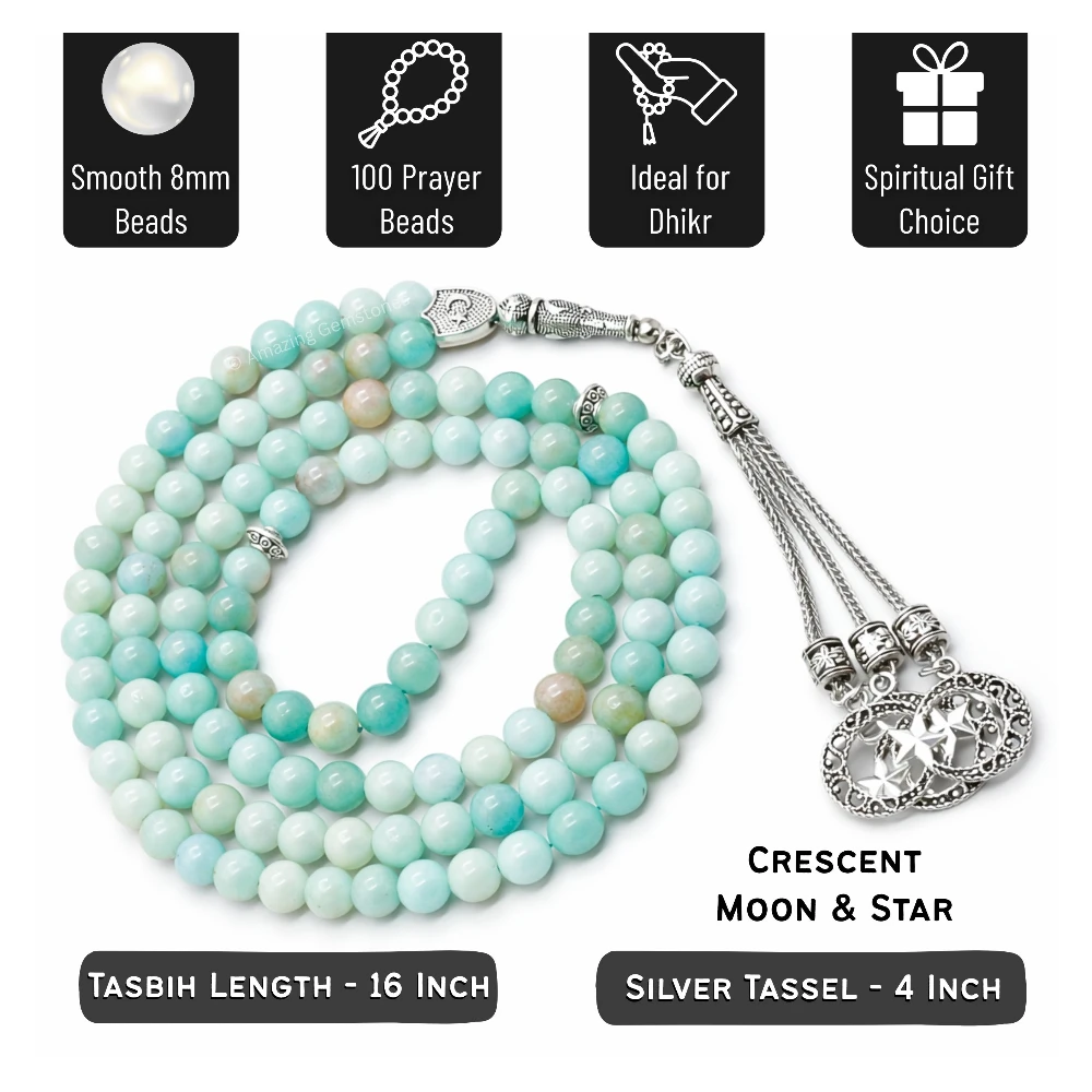 Amazonite Crystal Tasbeeh Sibha Prayer Beads (Silver)