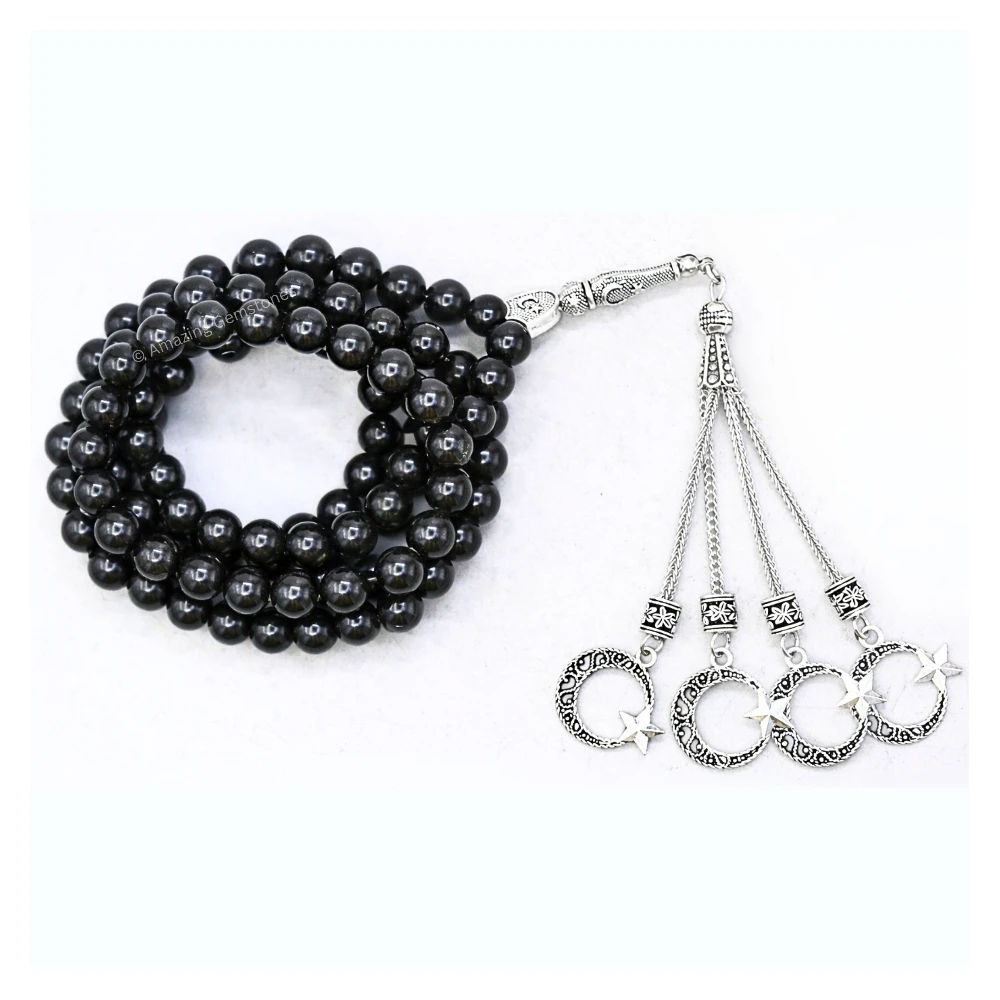 Silver Sheen Obsidian Crystal Tasbeeh Sibha Prayer Beads (Silver)