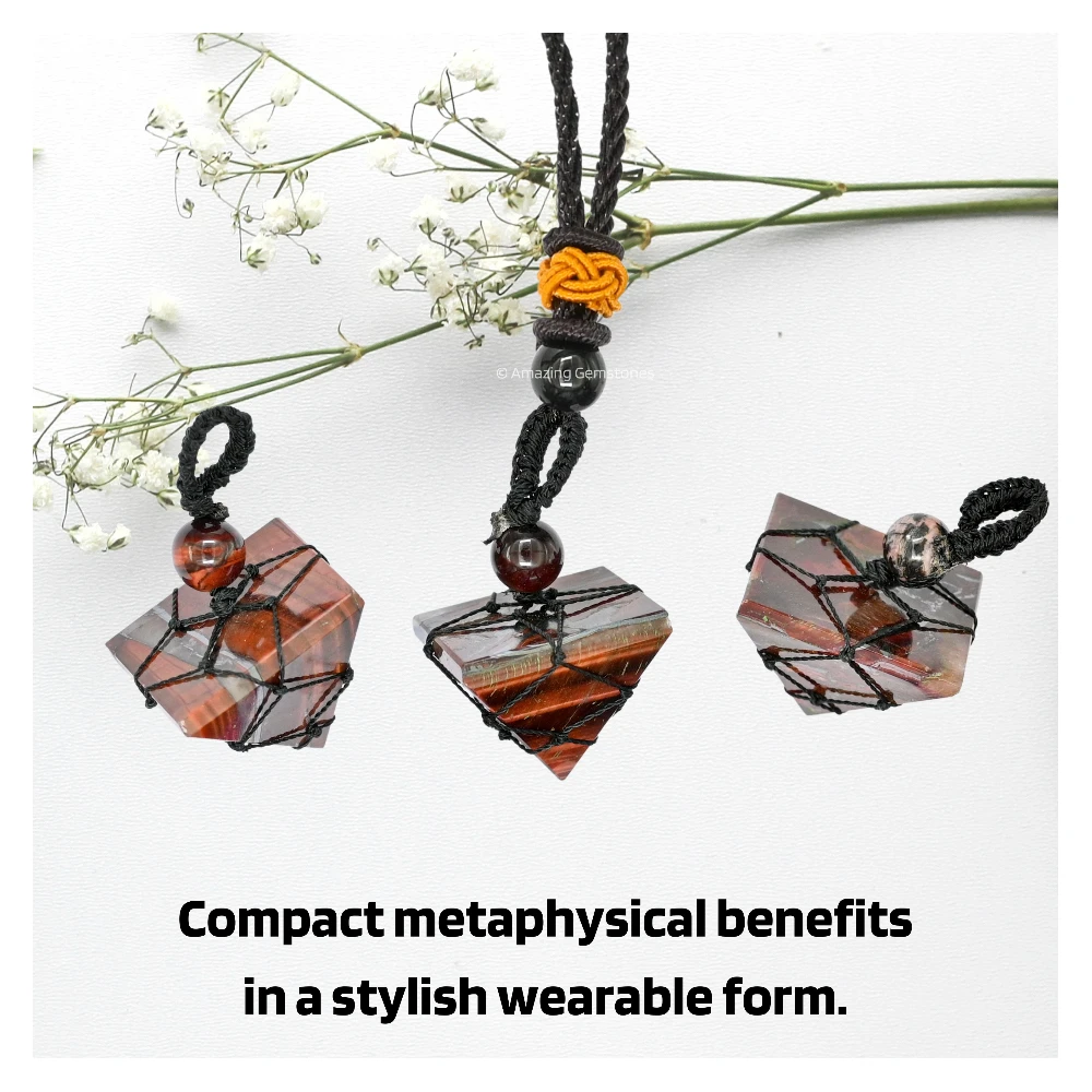 Red Tiger Eye Pyramid Pendant Necklace (Macrame)