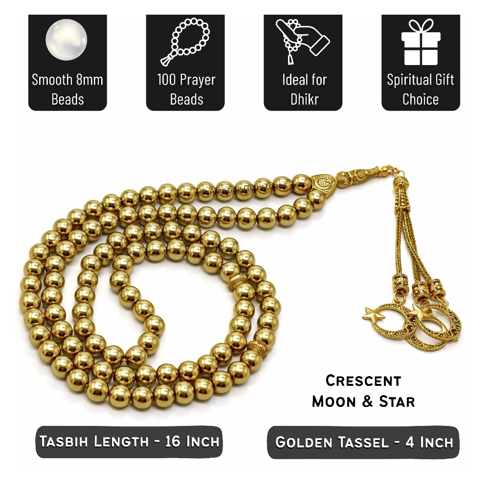 Golden Hematite Crystal Tasbeeh Sibha Prayer Beads (Gold)