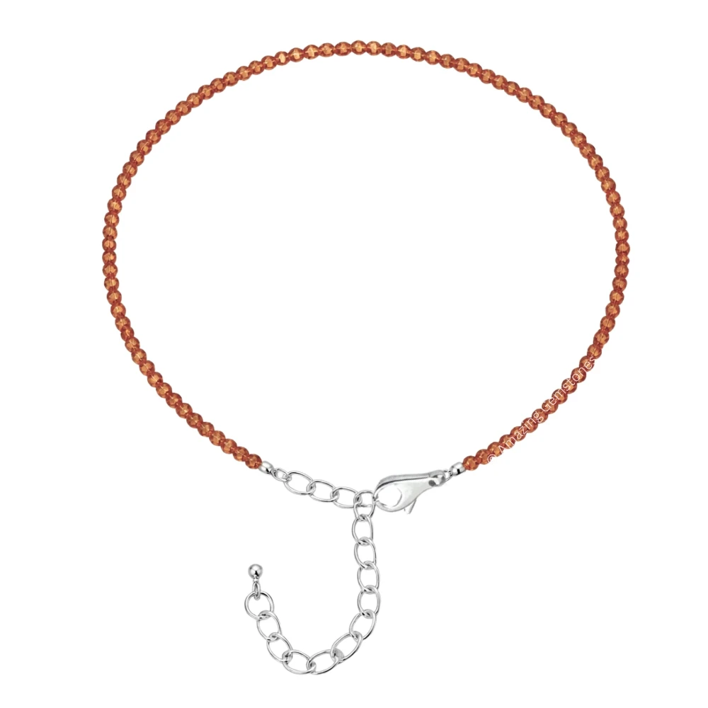 Hessonite Garnet Crystal Anklet - 2mm Faceted Bead (Silver)