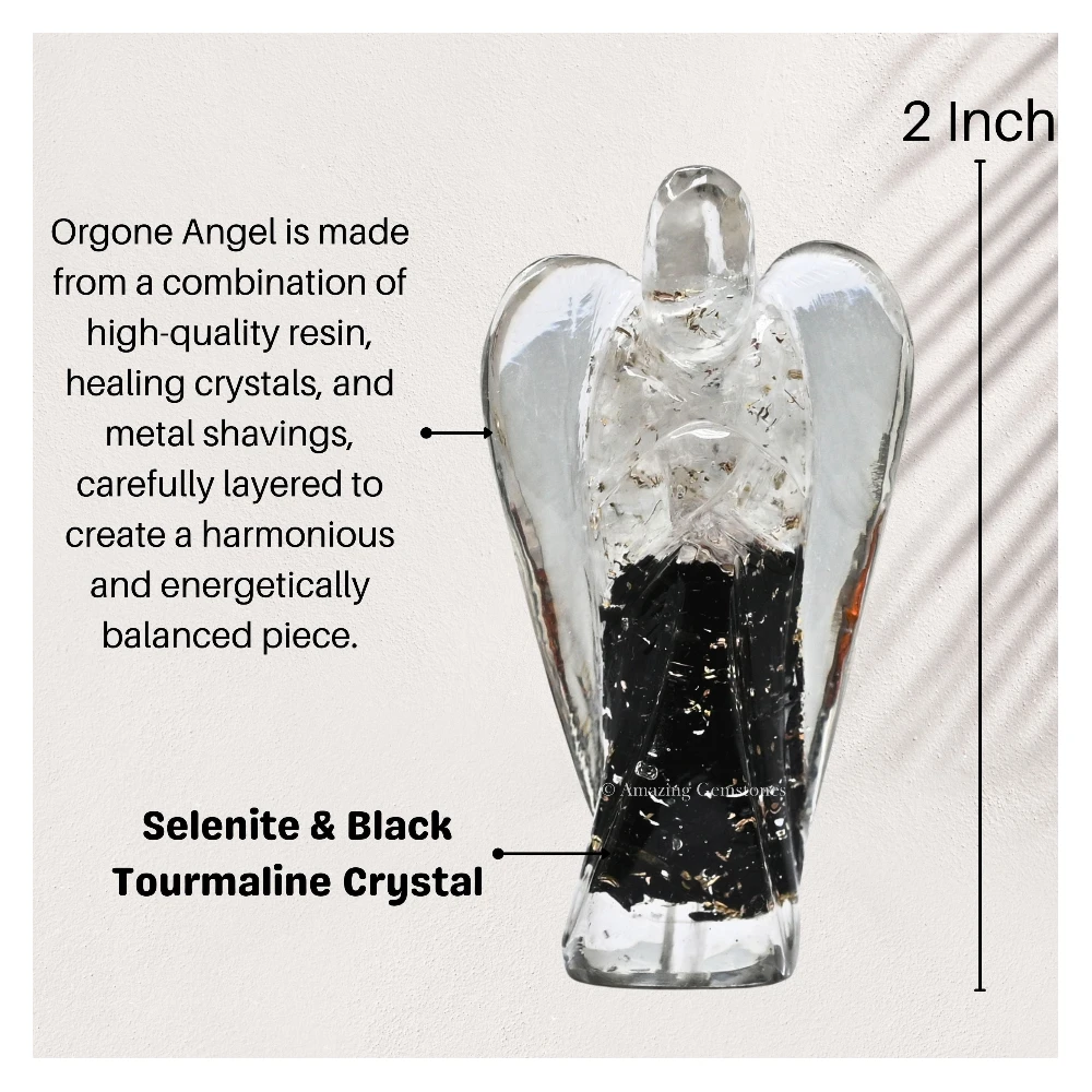 Selenite Black Tourmaline Orgone Angel Figurine (Layer) (2 Inch)
