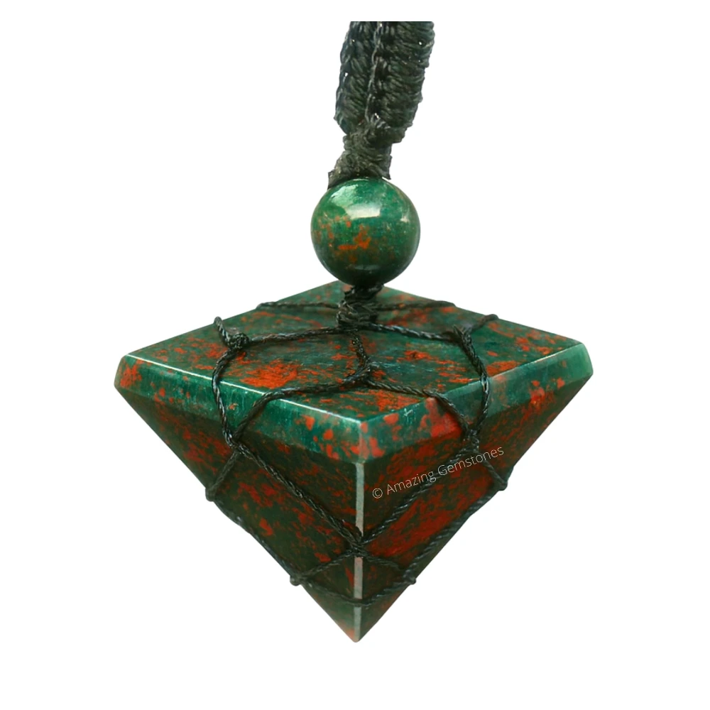 Bloodstone Pyramid Pendant Necklace (Macrame)