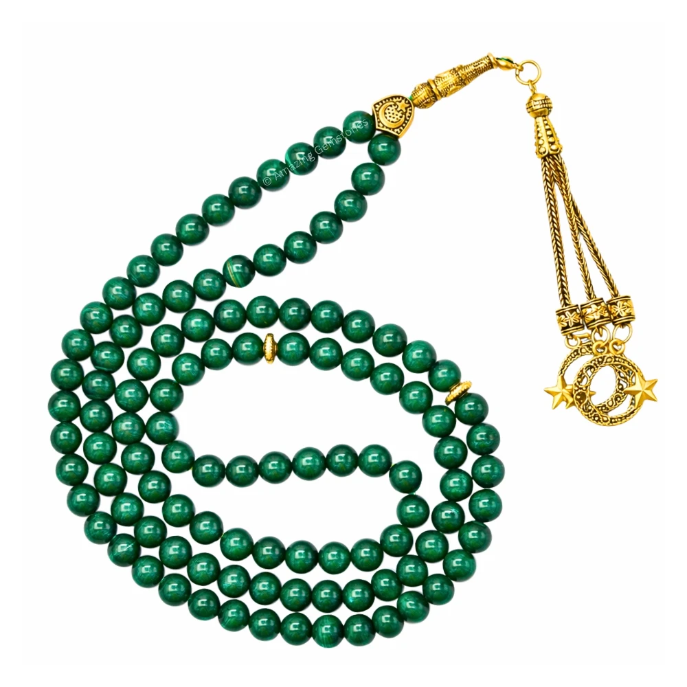 Malachite Crystal Tasbeeh Sibha Prayer Beads (Gold)