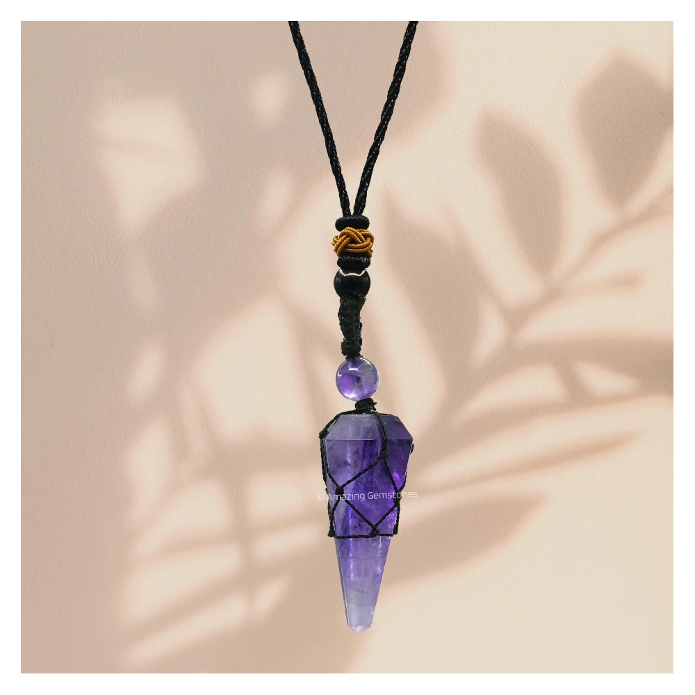 Amethyst Pendulum Pendant Necklace (Macrame)