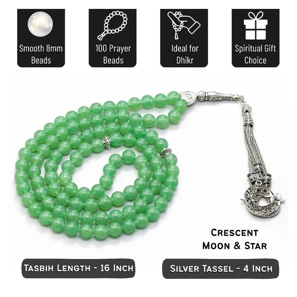 Green Aventurine Crystal Tasbeeh Sibha Prayer Beads (Silver)