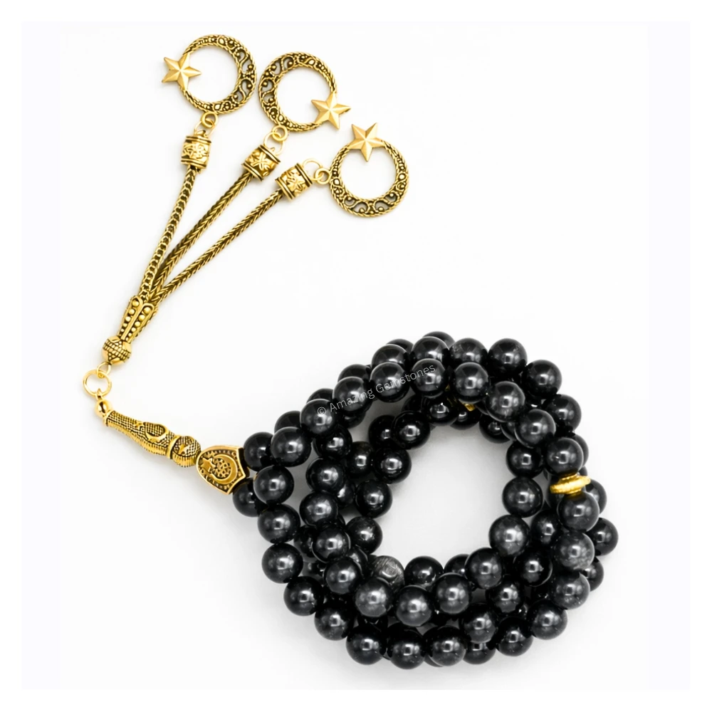 Silver Sheen Obsidian Crystal Tasbeeh Sibha Prayer Beads (Gold)
