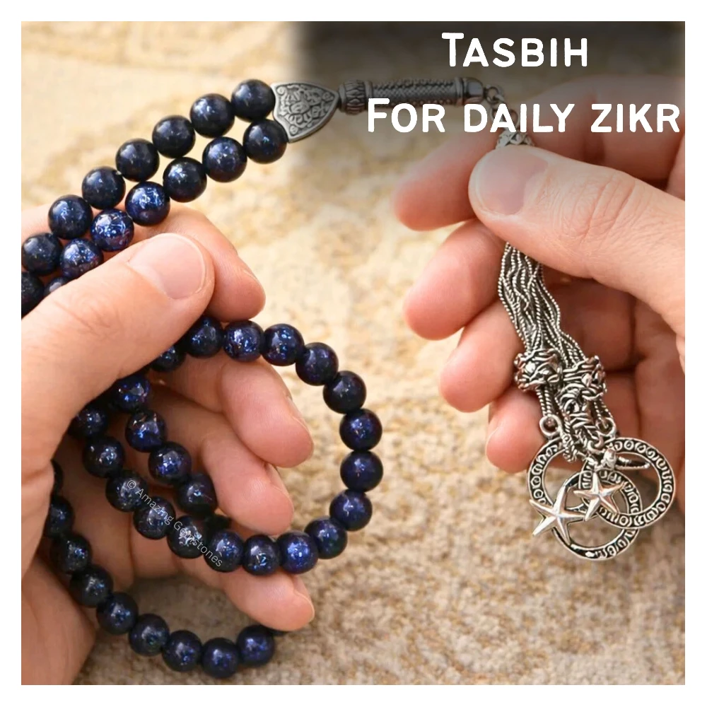 Blue Goldstone Crystal Tasbeeh Sibha Prayer Beads (Silver)