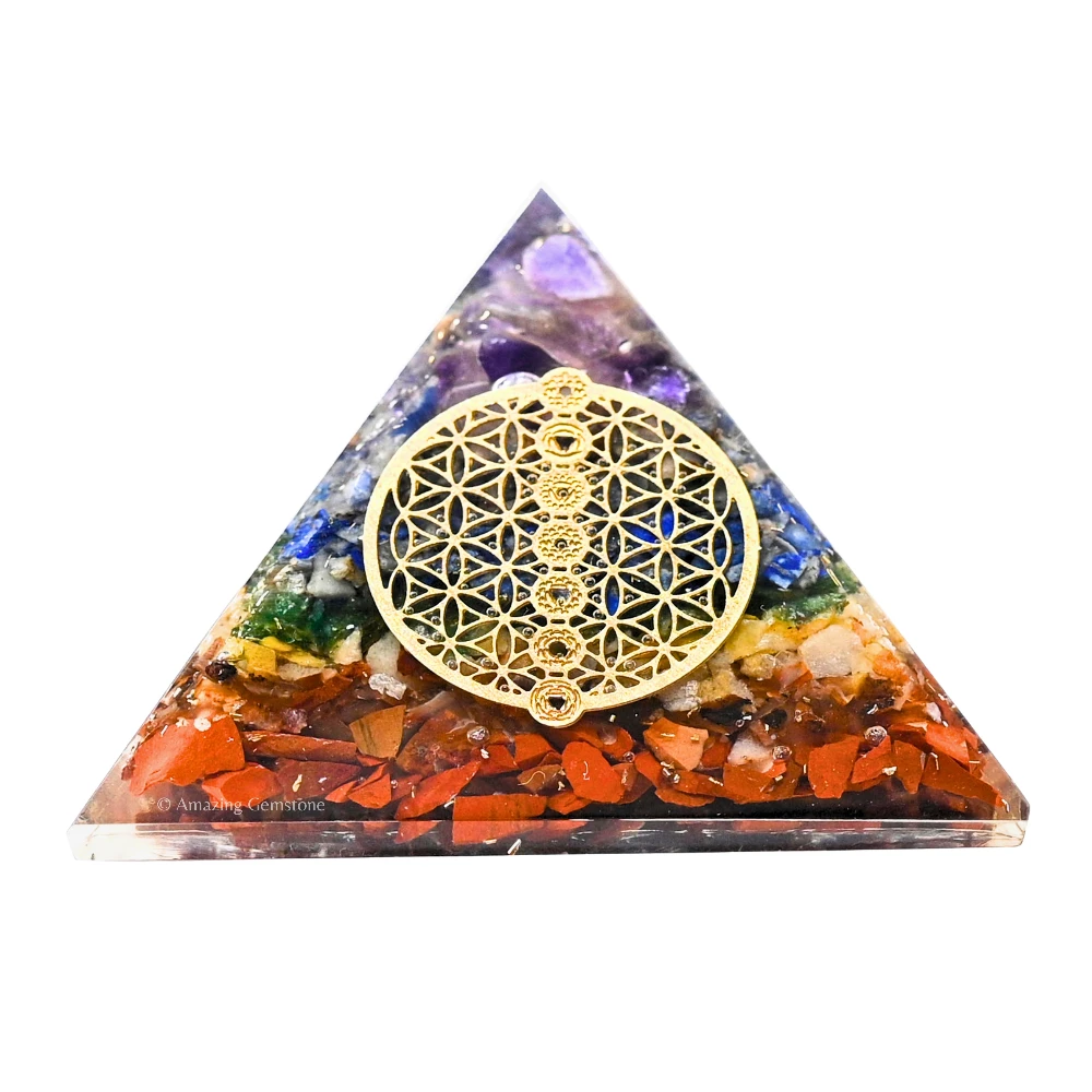 Natural Chakra Orgone Pyramid - Chakra Flower of Life