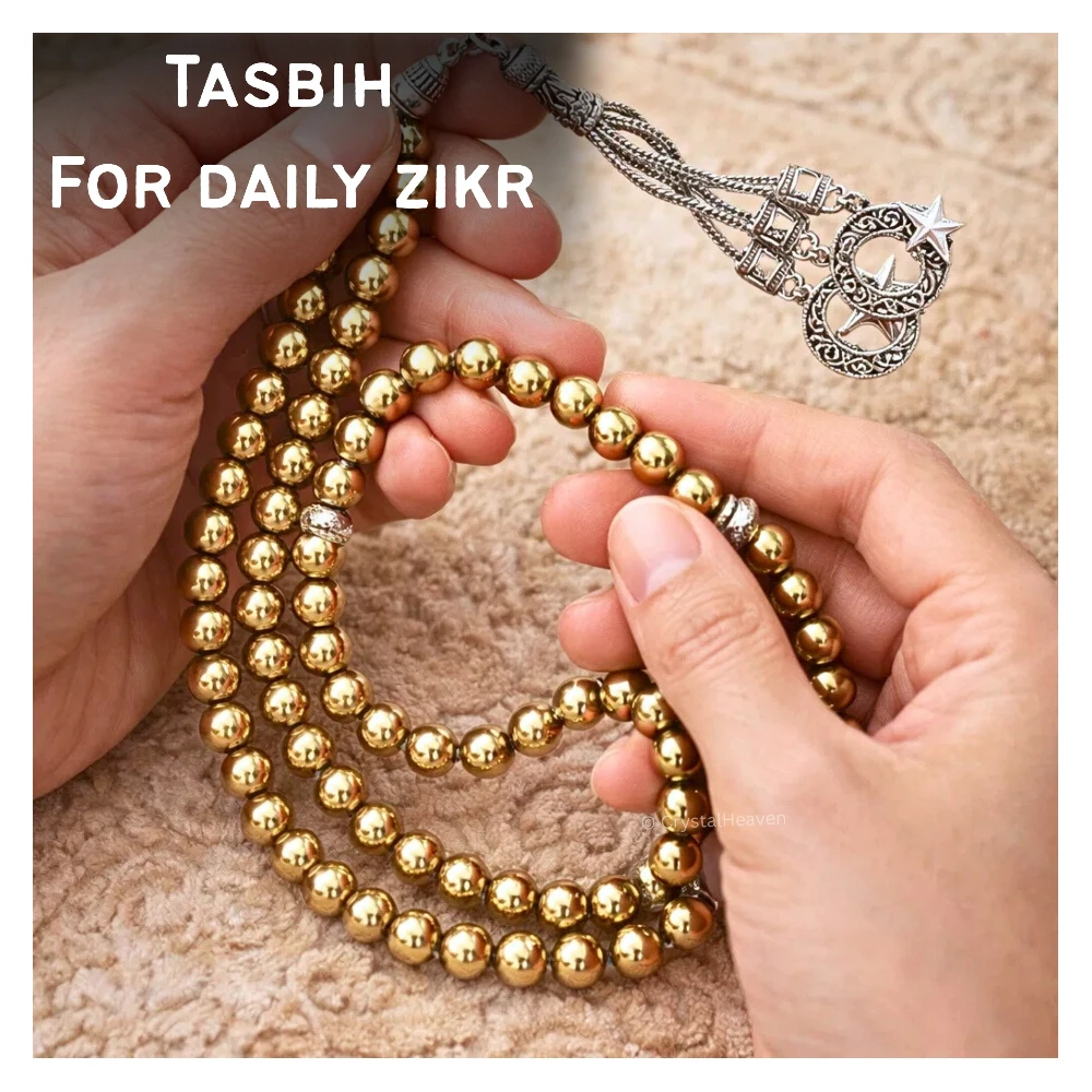 Golden Hematite Crystal Tasbih (Silver)