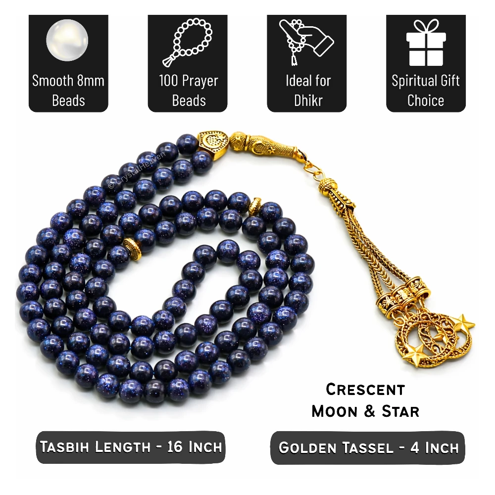 Blue Goldstone Crystal Tasbih (Gold)