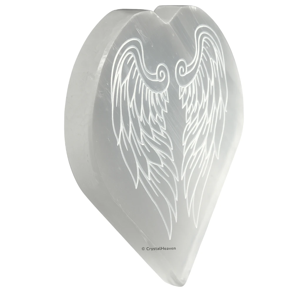 Selenite Charging Plate with Angel Wing Heart (4 Inch)