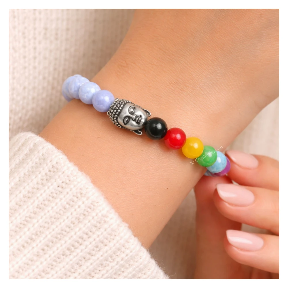 Blue Lace Agate Chakra with Buddha Bracelet (Elastic)