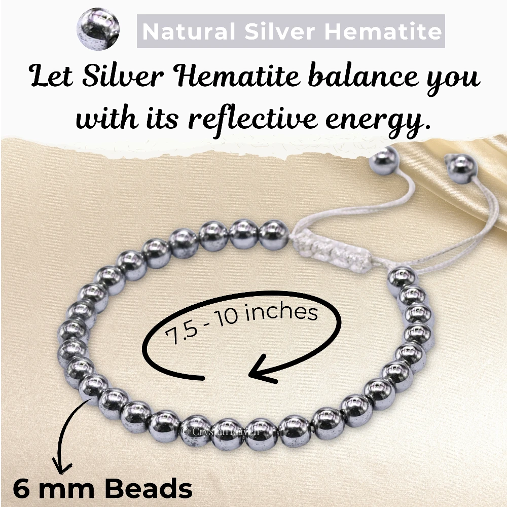 Silver Hematite Healing Crystal Bracelets - 6mm Beads (Adjustable)