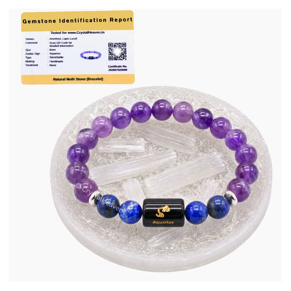 Aquarius Bracelet (कुंभ राशि) - Amethyst & Lapis Lazuli (With Selenite Plate)