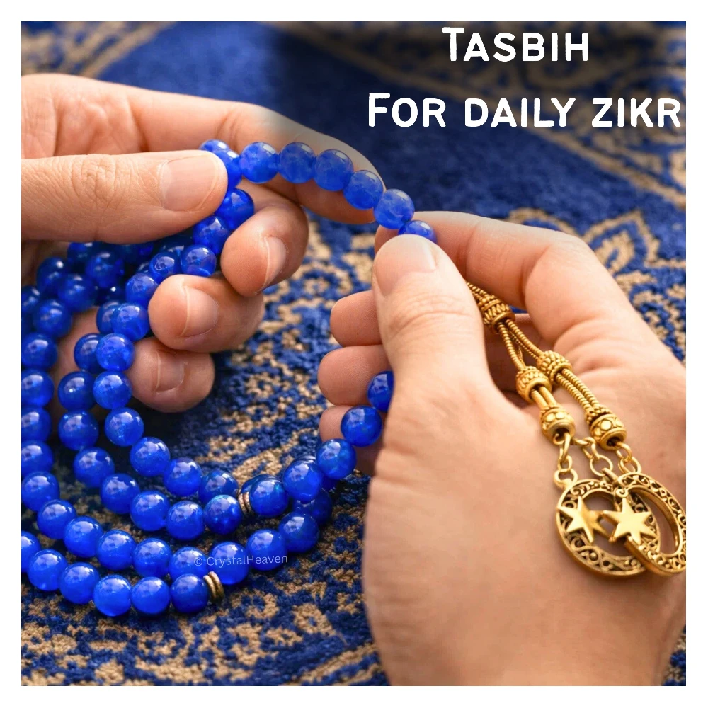 Blue Jade Crystal Tasbih (Gold)