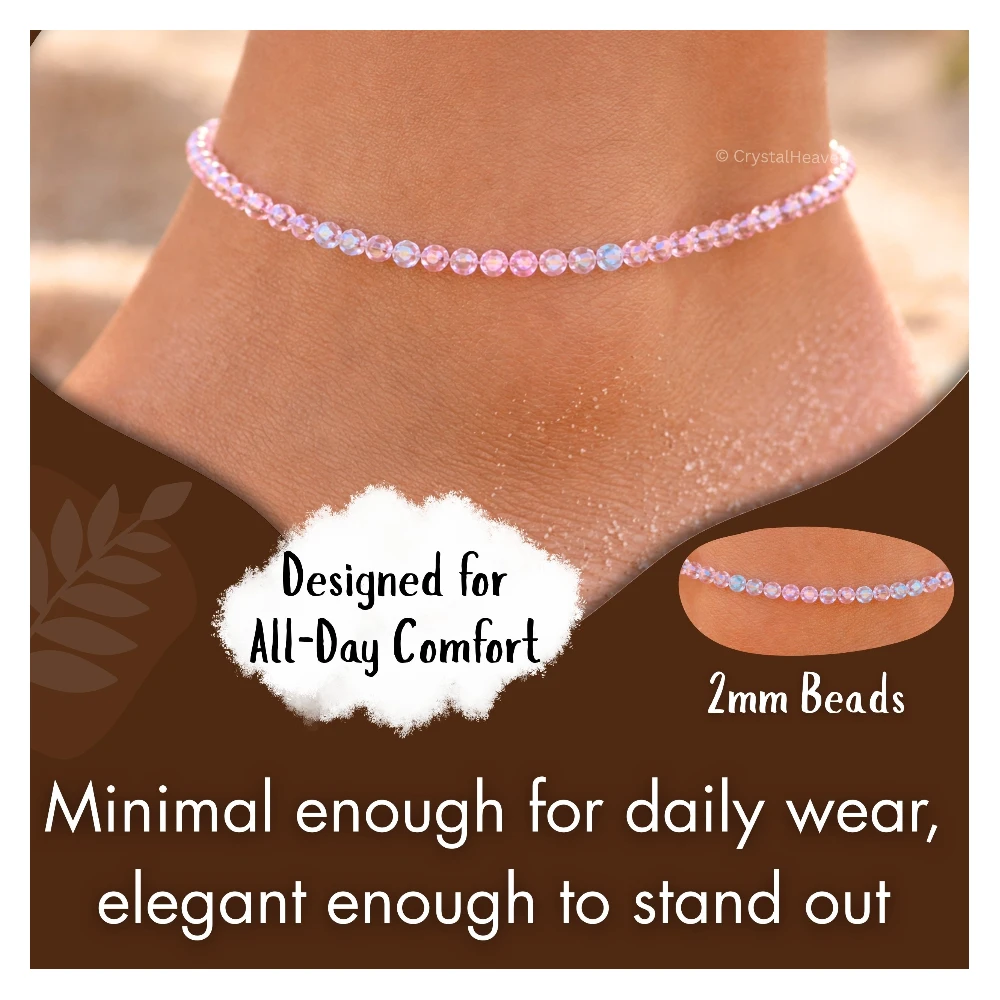Pink Aqua Anklet - 2mm Faceted Beads (Silver)