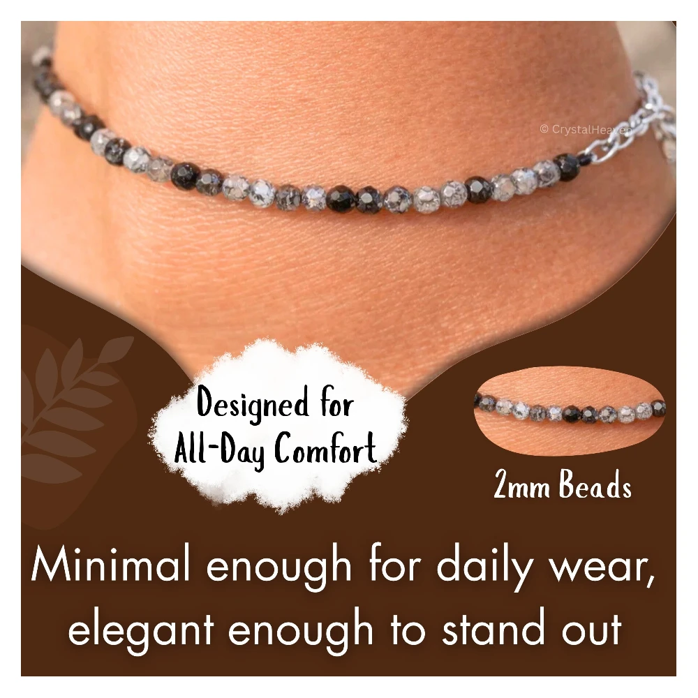 Black Rutilated Quartz Anklet - 2mm Faceted Beads (Silver)