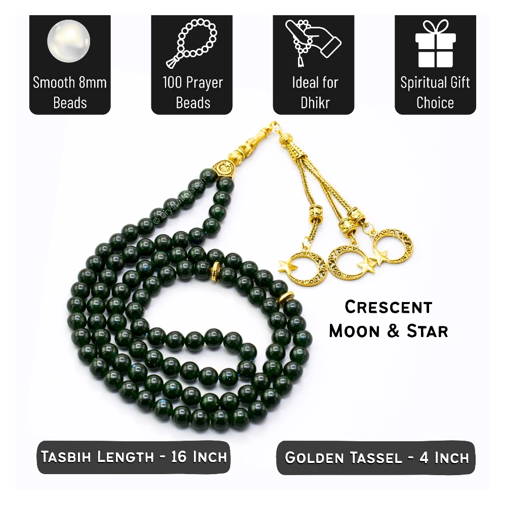 Green Goldstone Crystal Tasbih (Gold)
