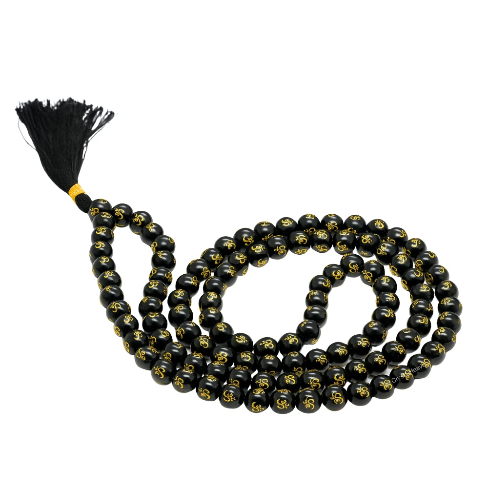 Black Agate Japa Mala (Om) (Without Knotted)