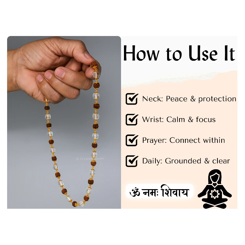 Rudraksha and Sphatik Mala Necklace (Gold Chain)