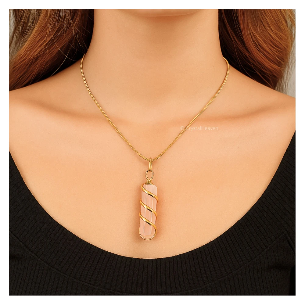 Rose Quartz Necklace - Spiral Pencil Point (Gold)