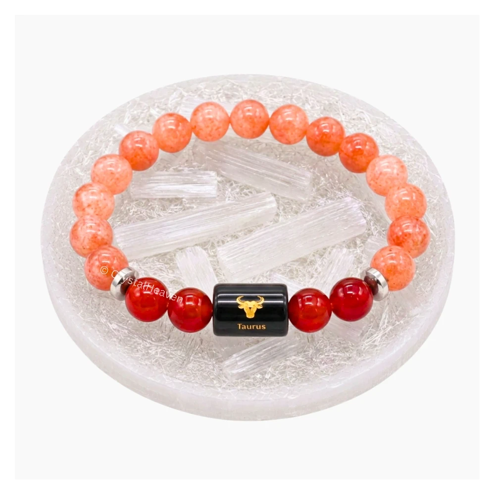Taurus Bracelet (वृषभ राशि) - Sunstone & Carnelian (With Selenite Plate)