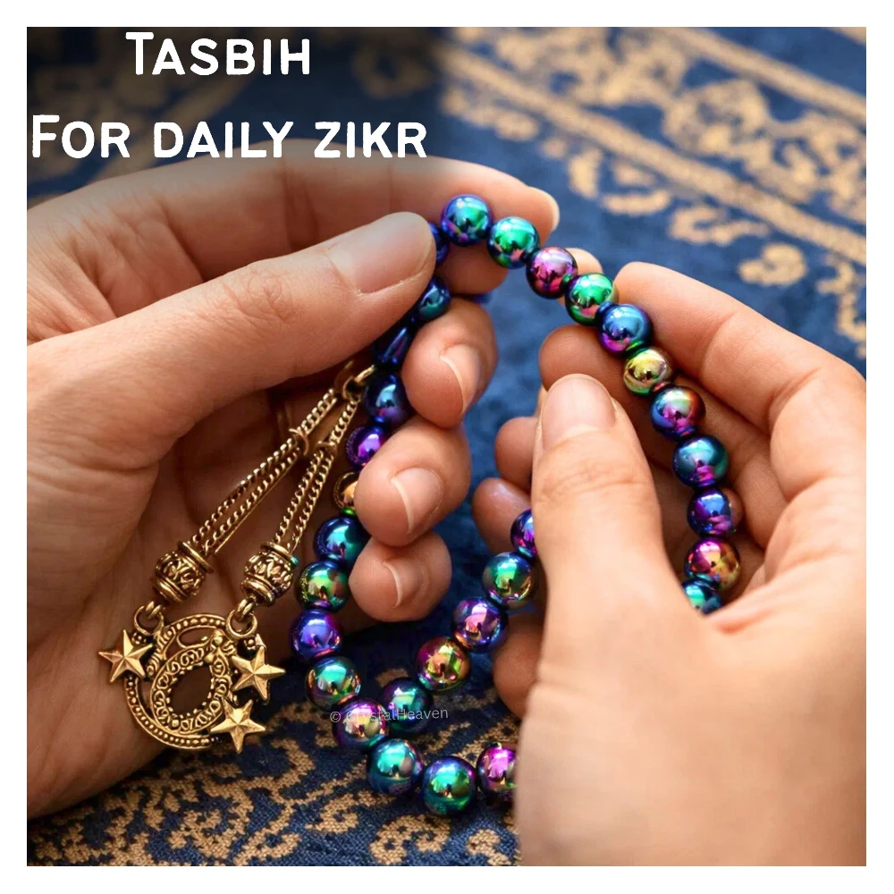 Rainbow Hematite Crystal Tasbih (Gold)