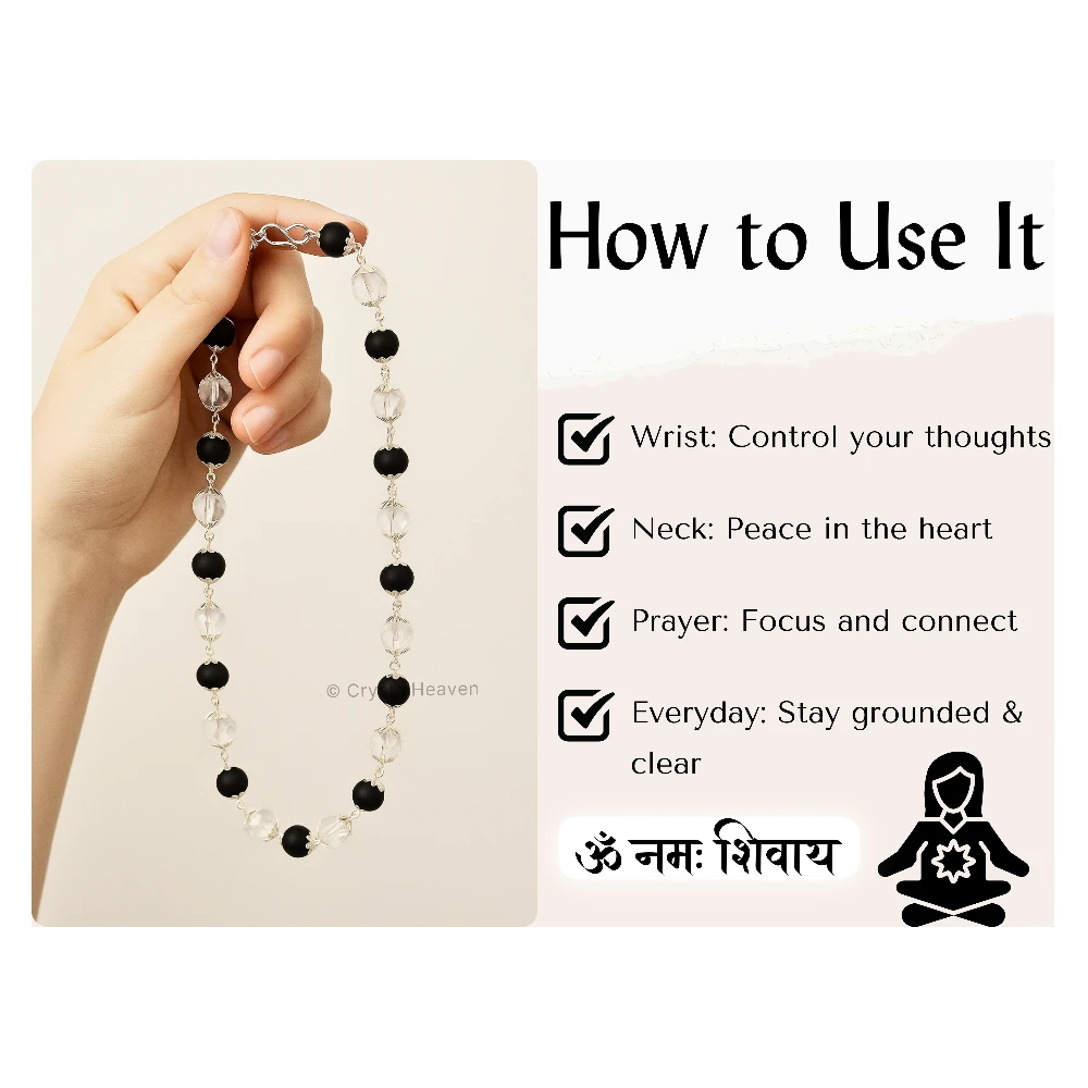 Karungali and Sphatik Mala Necklace (Silver Chain - Faceted)