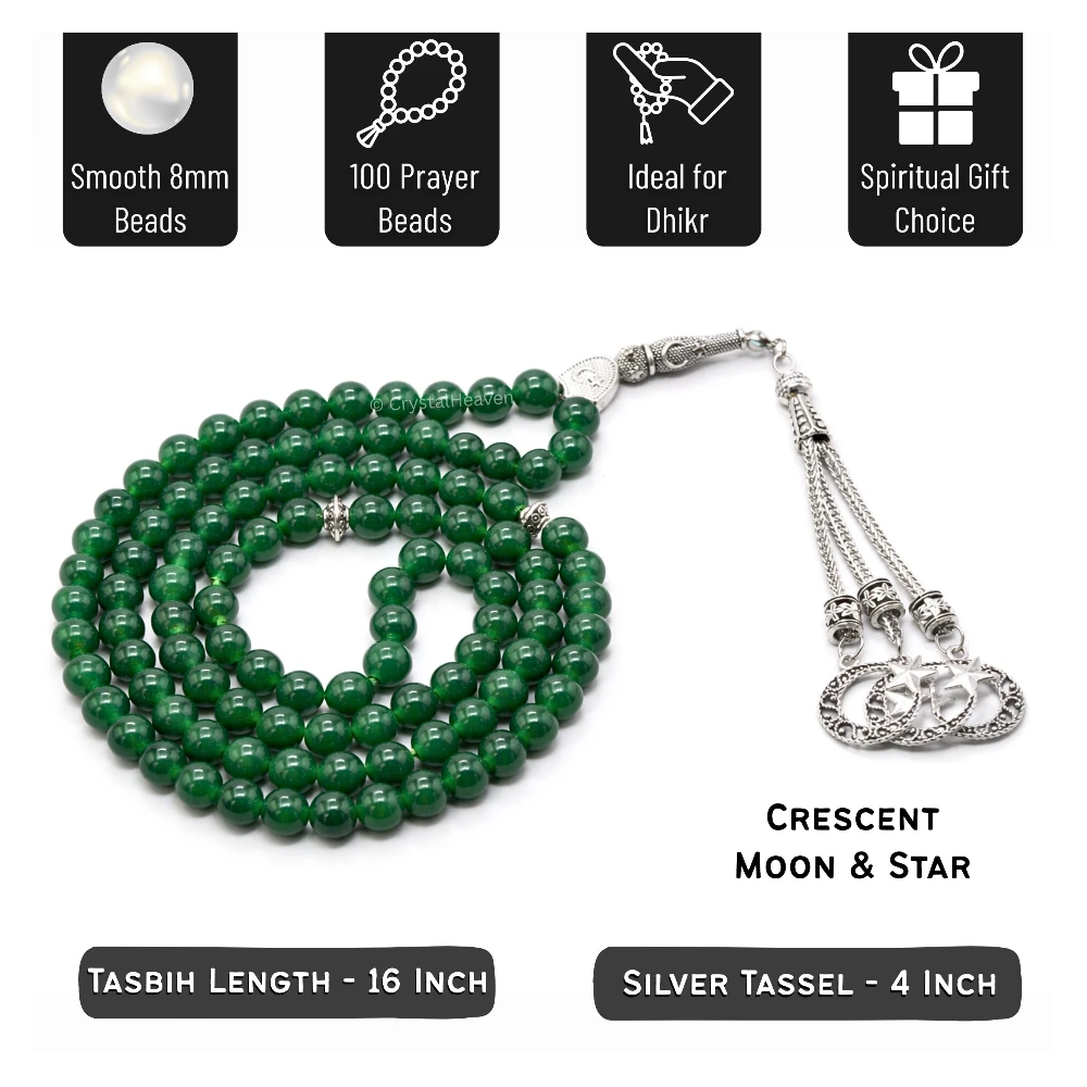 Green Jade (Dye) Crystal Tasbih (Silver)