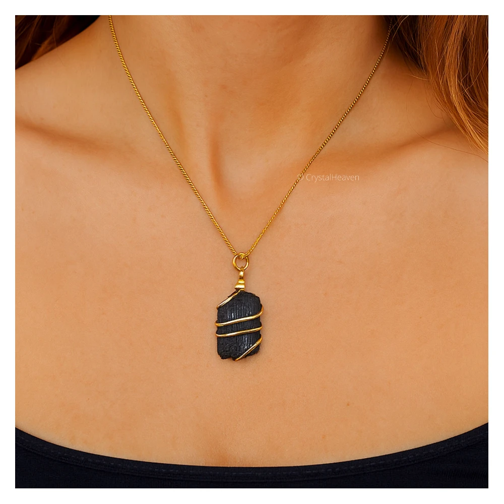 Black Tourmaline Necklace - Raw Crystal (Gold)