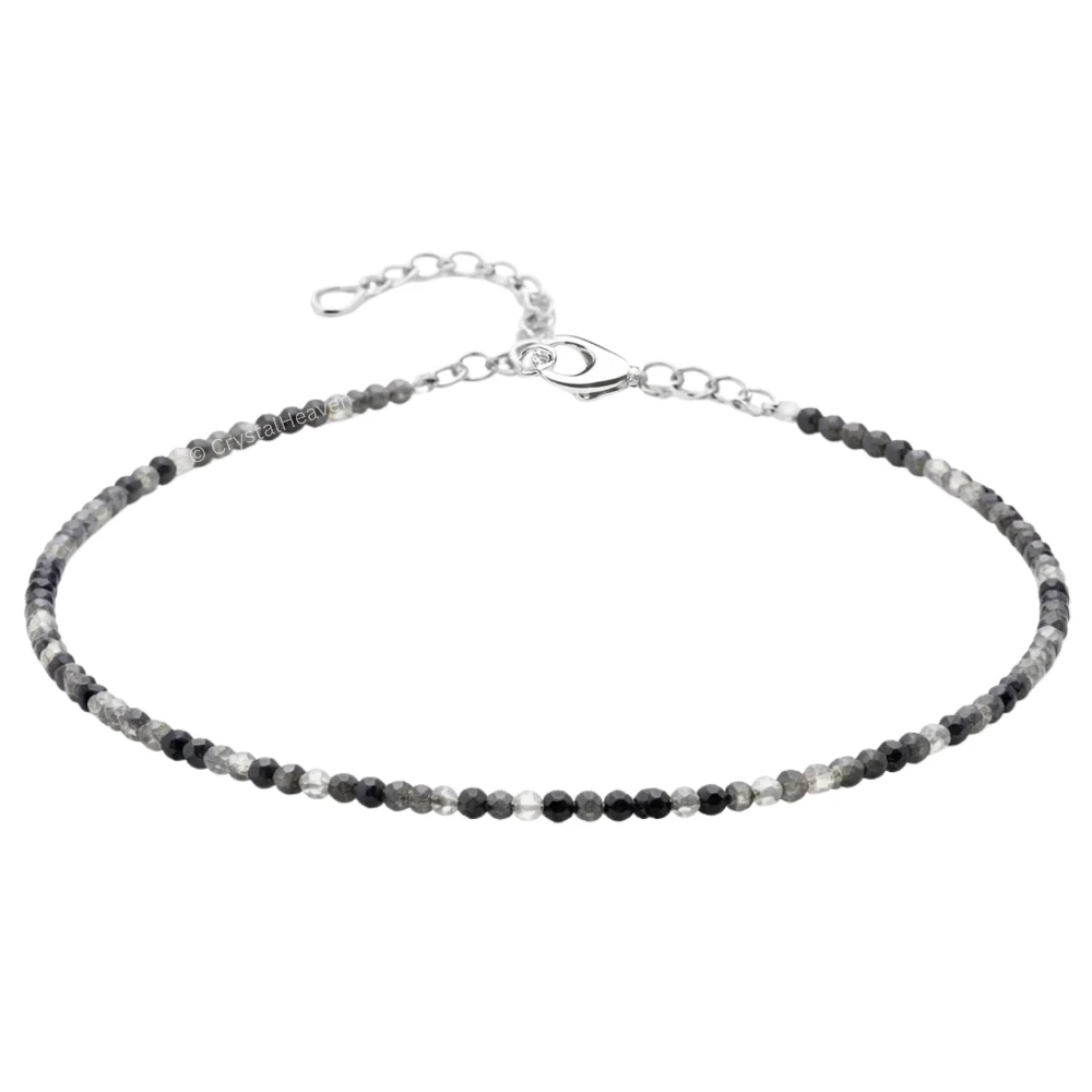 Black Rutilated Quartz Anklet - 2mm Faceted Beads (Silver)