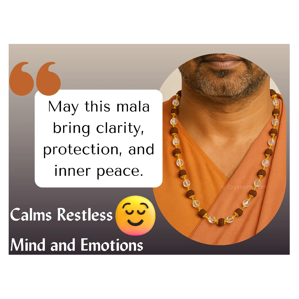 Rudraksha and Sphatik Mala Necklace (Gold Chain - Faceted)