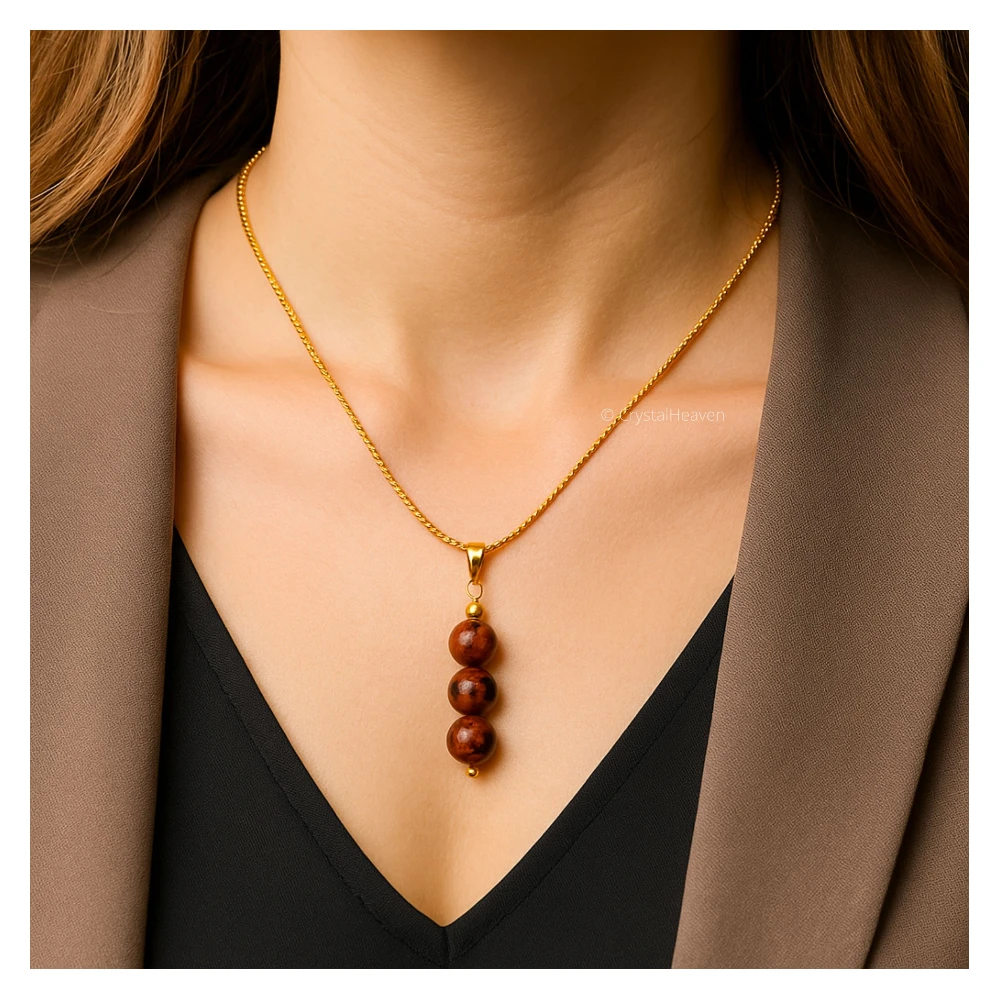 Mahogany Obsidian Crystal Bead Necklace (Gold)