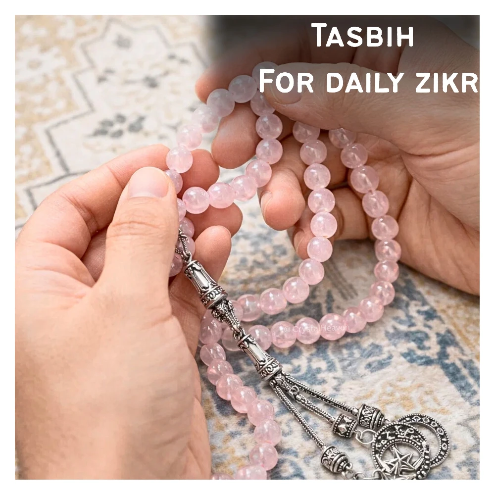Rose Quartz Crystal Tasbih (Silver)
