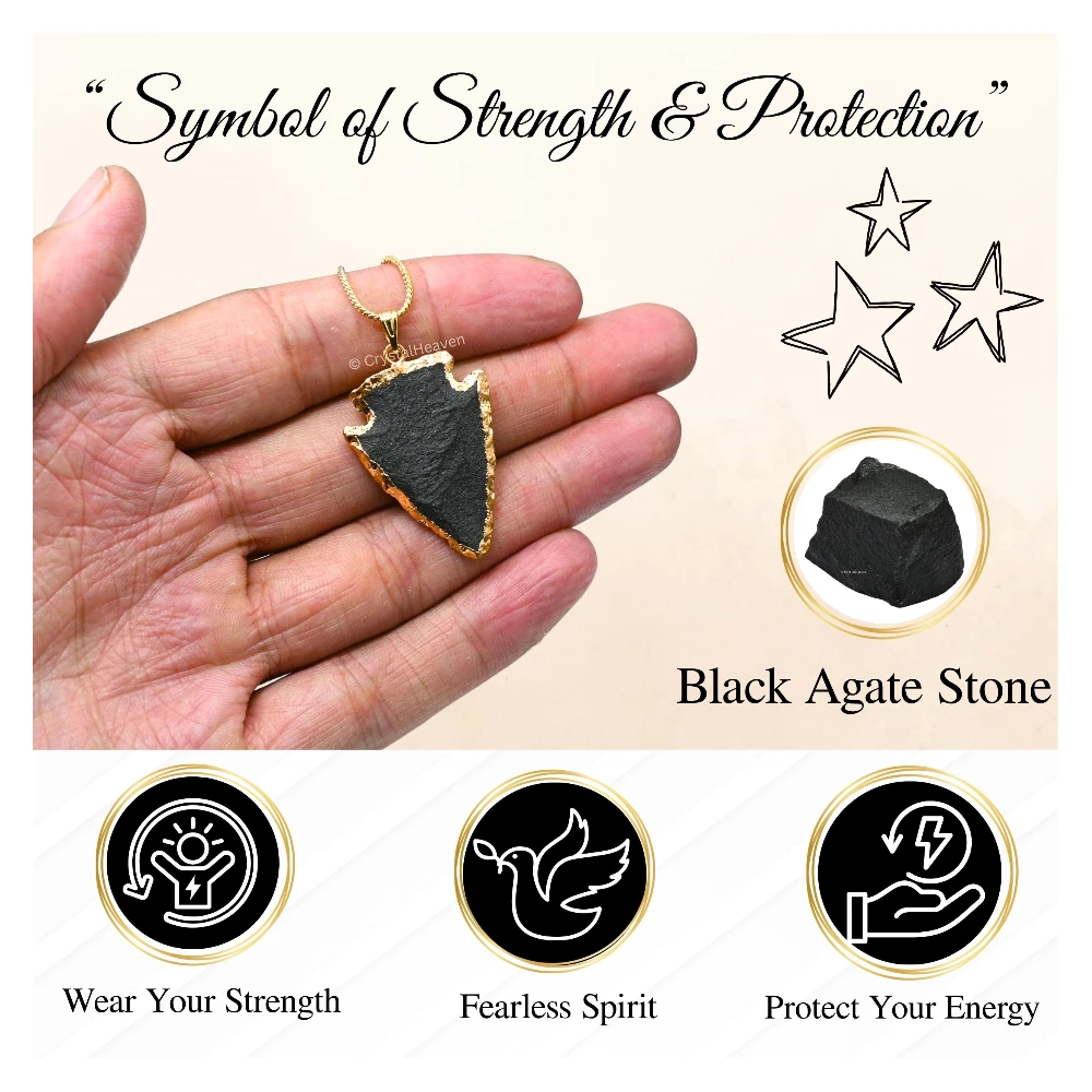 Black Agate Arrow Head Pendant - Gold Plated