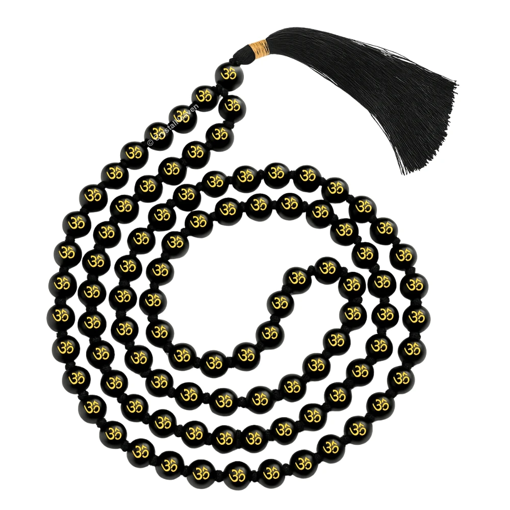Black Agate Japa Mala (Om) (Hand Knotted)
