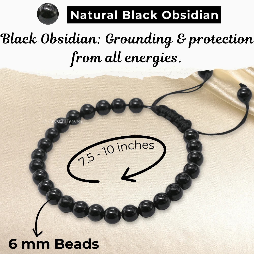 Black Obsidian Healing Crystal Bracelets - 6mm Beads (Adjustable)