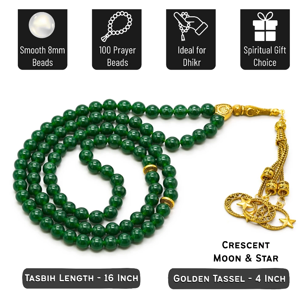Green Jade (Dye) Crystal Tasbih (Gold)